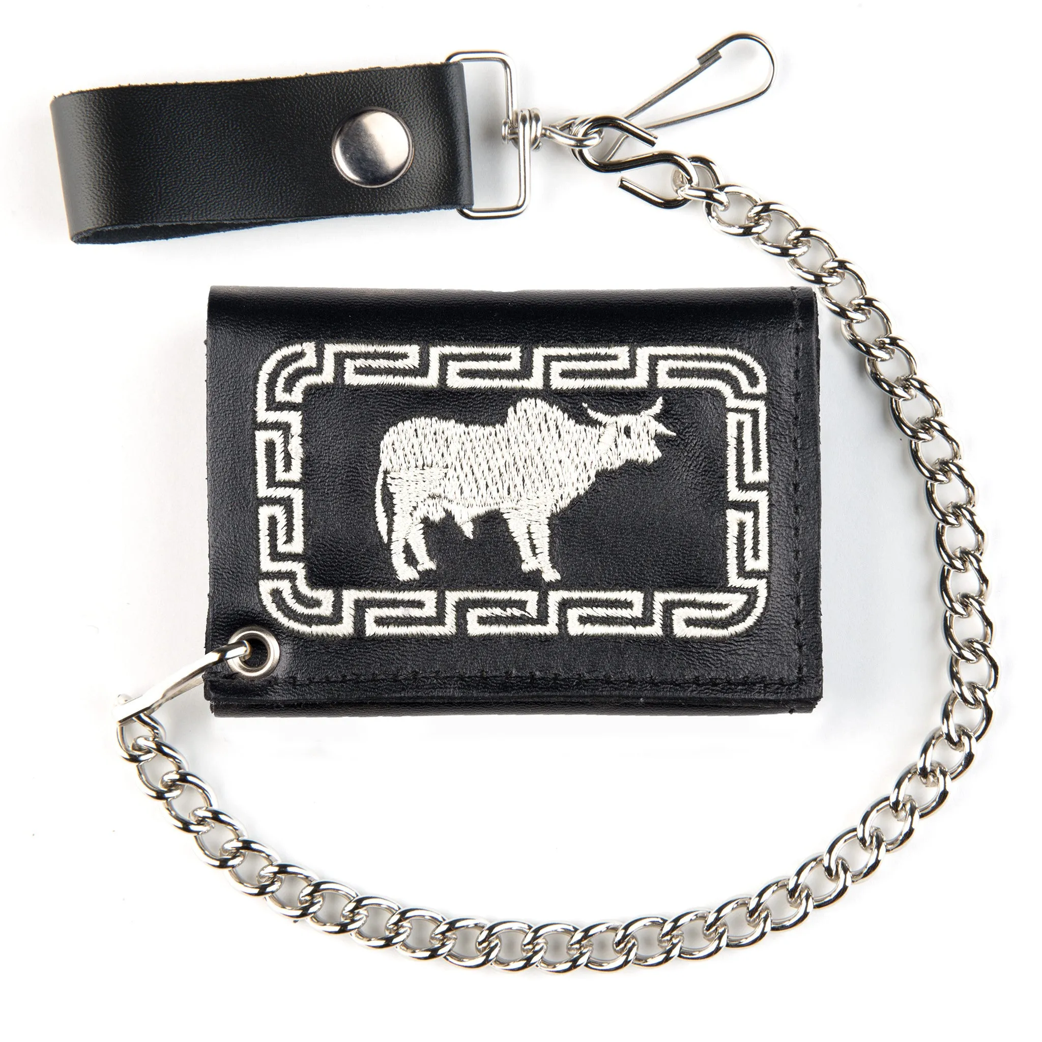 Embroidered Tri-Fold Wallet w/ Chain-Brahma Bull