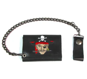 Embroidered Tri-Fold Wallet w/ Chain- Pirate