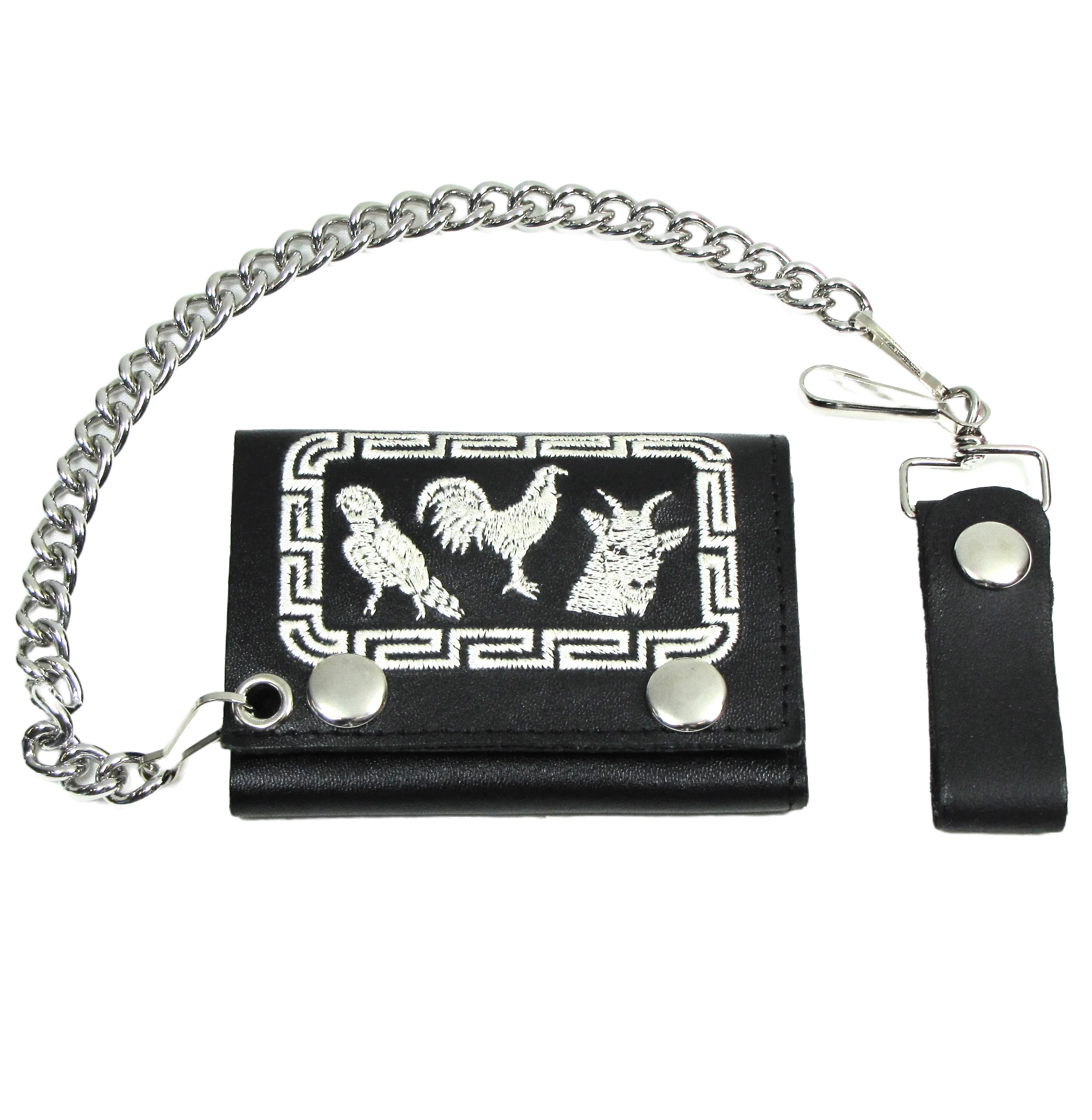 ET304-N39 Embroidered Tri-Fold Wallet w/Chain - 3 Animales White
