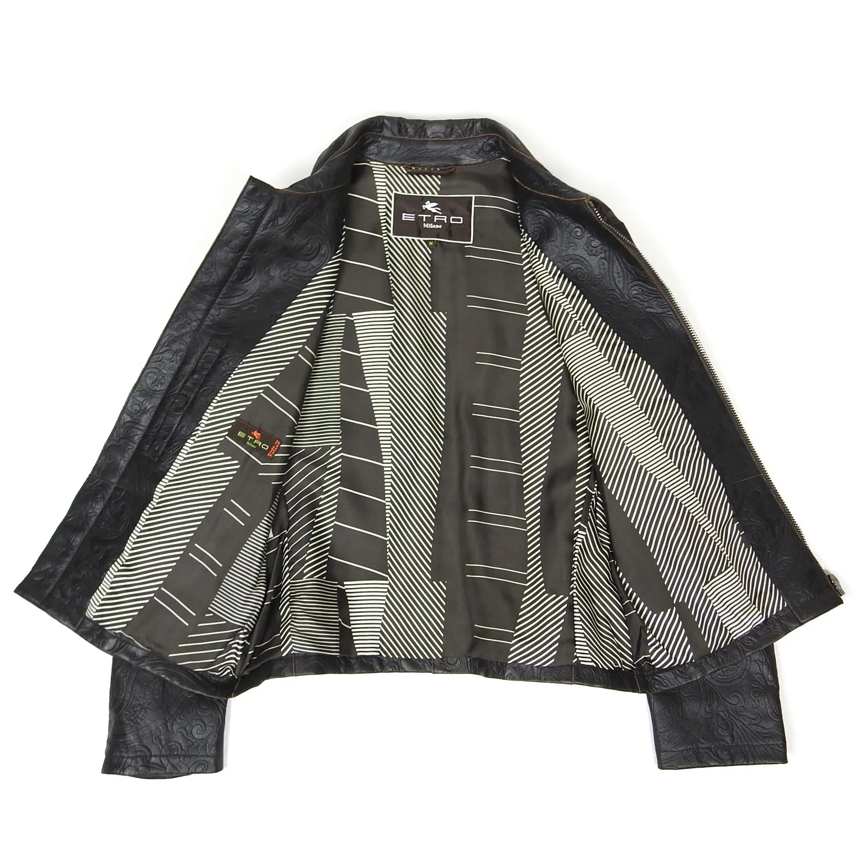 Etro Black Embossed Leather Jacket Size Medium