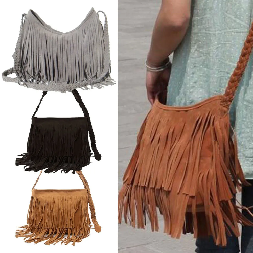Fashion Women Suede Weave Tassel Shoulder Bag Messenger Bag Fringe Handbags High Quality