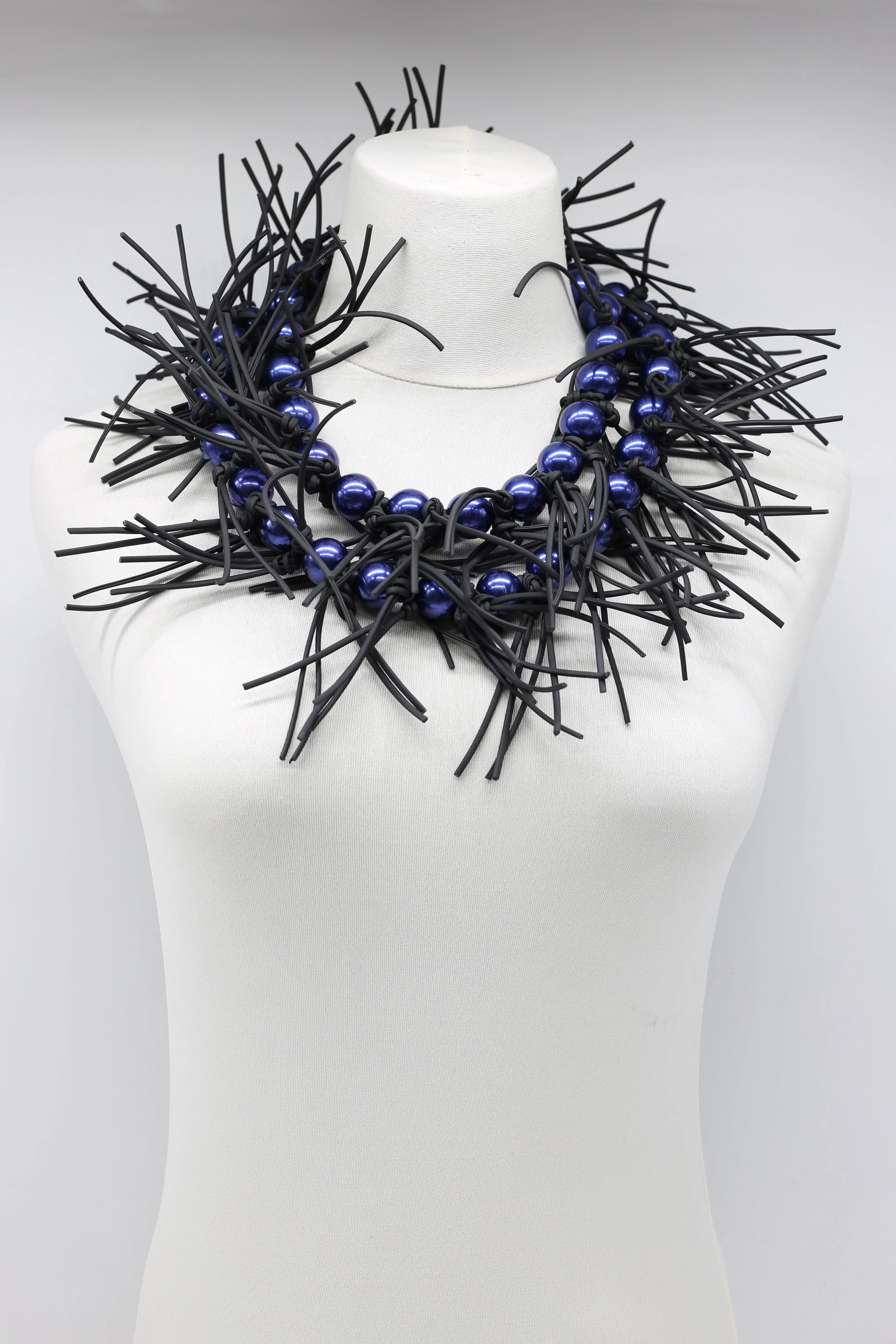 Faux Pearl with Leatherette Spikes Necklace & Bracelet Set - Navy