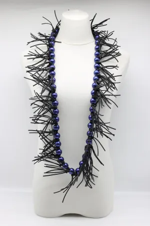 Faux Pearl with Leatherette Spikes Necklace & Bracelet Set - Navy