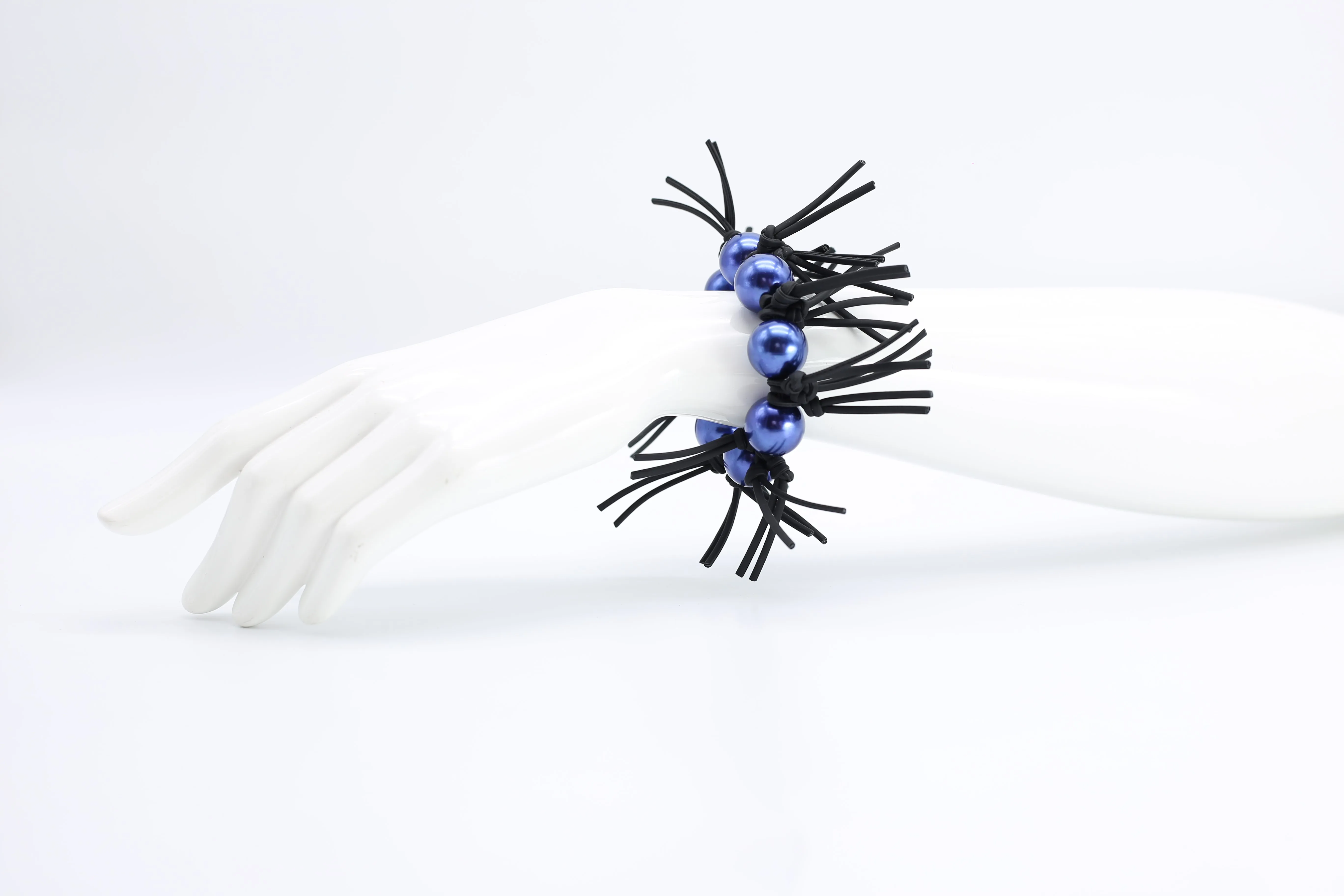 Faux Pearl with Leatherette Spikes Necklace & Bracelet Set - Navy