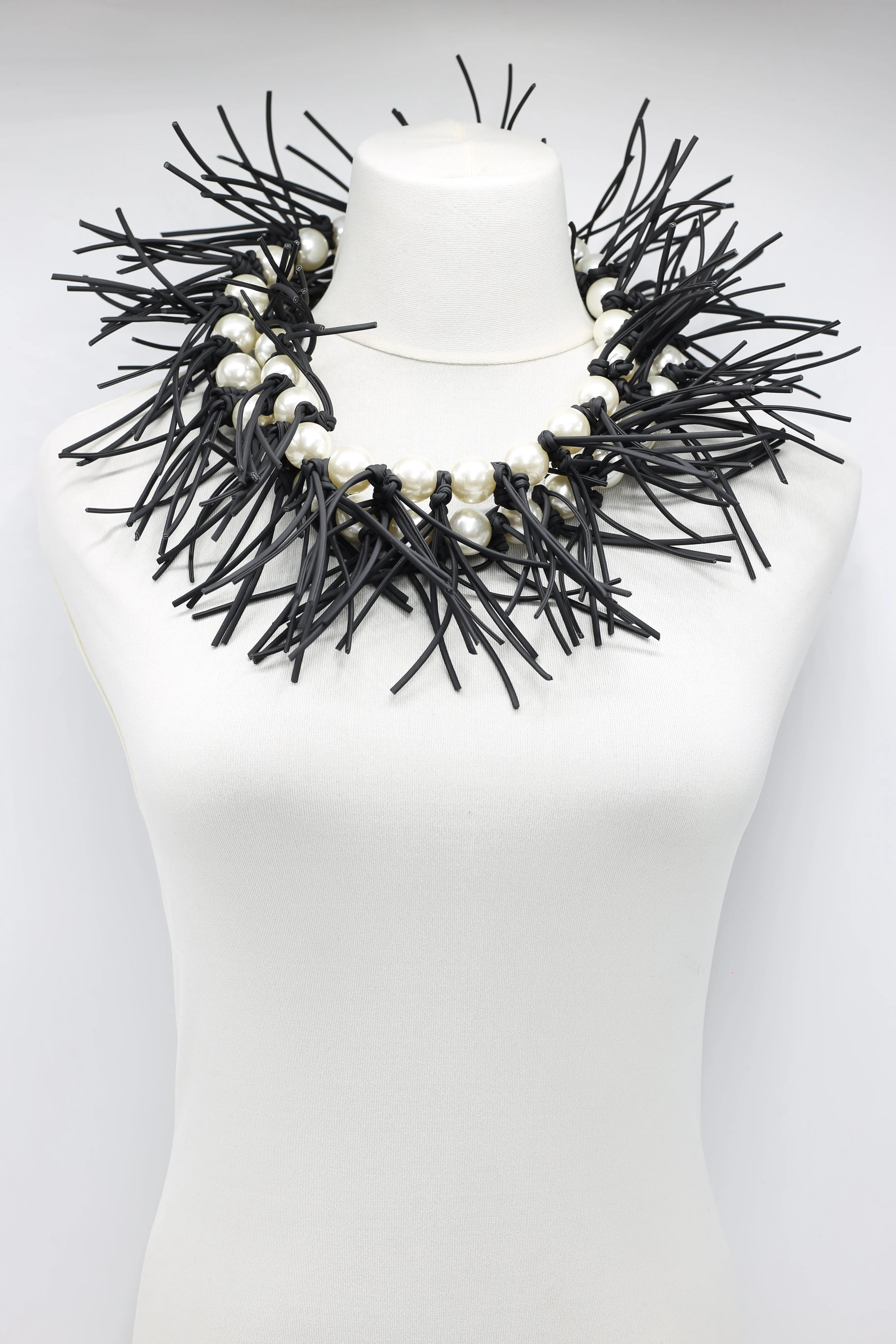 Faux Pearl with Leatherette Spikes Necklace & Bracelet Set - White
