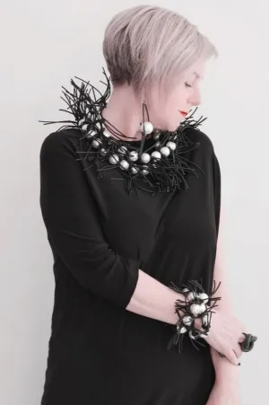 Faux Pearl with Leatherette Spikes Necklace & Bracelet Set - White
