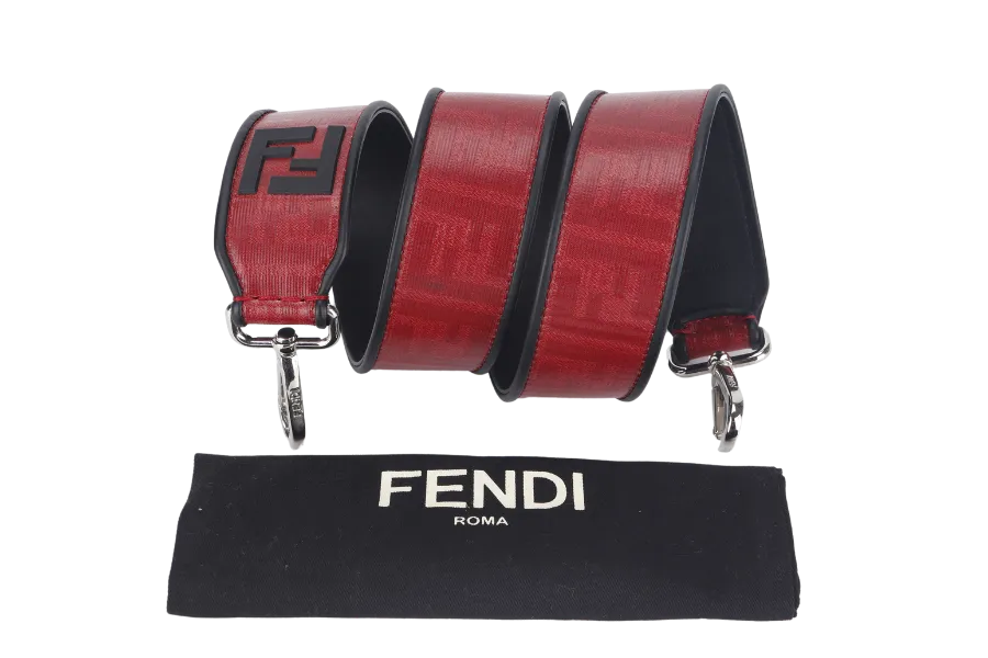 FENDI SHOULDER BAG STRAP LEATHER RED SILVER HARDWARE WITH DUST COVER