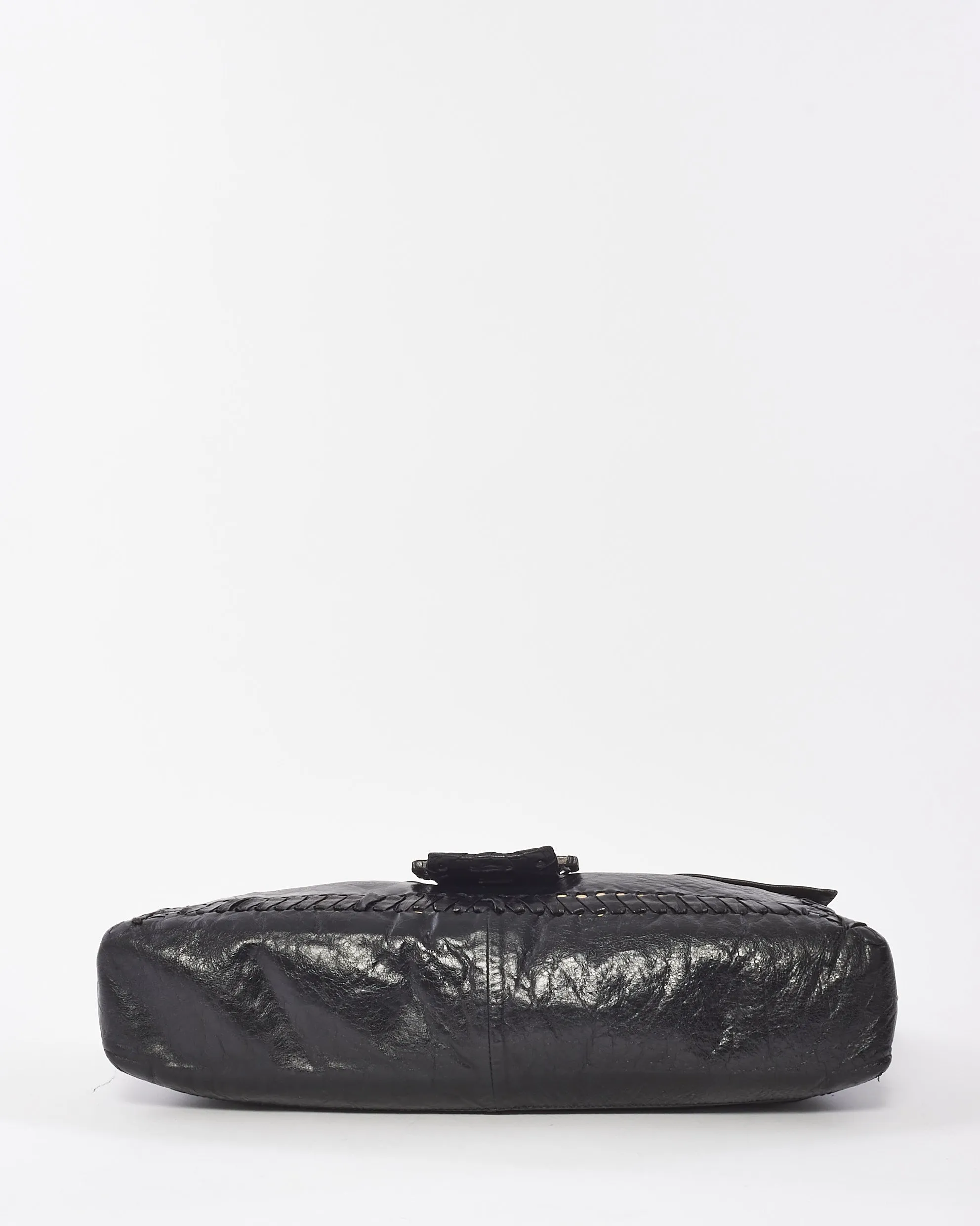 Fendi Vintage Black Leather Whipstitch Large Baguette Crossbody Bag