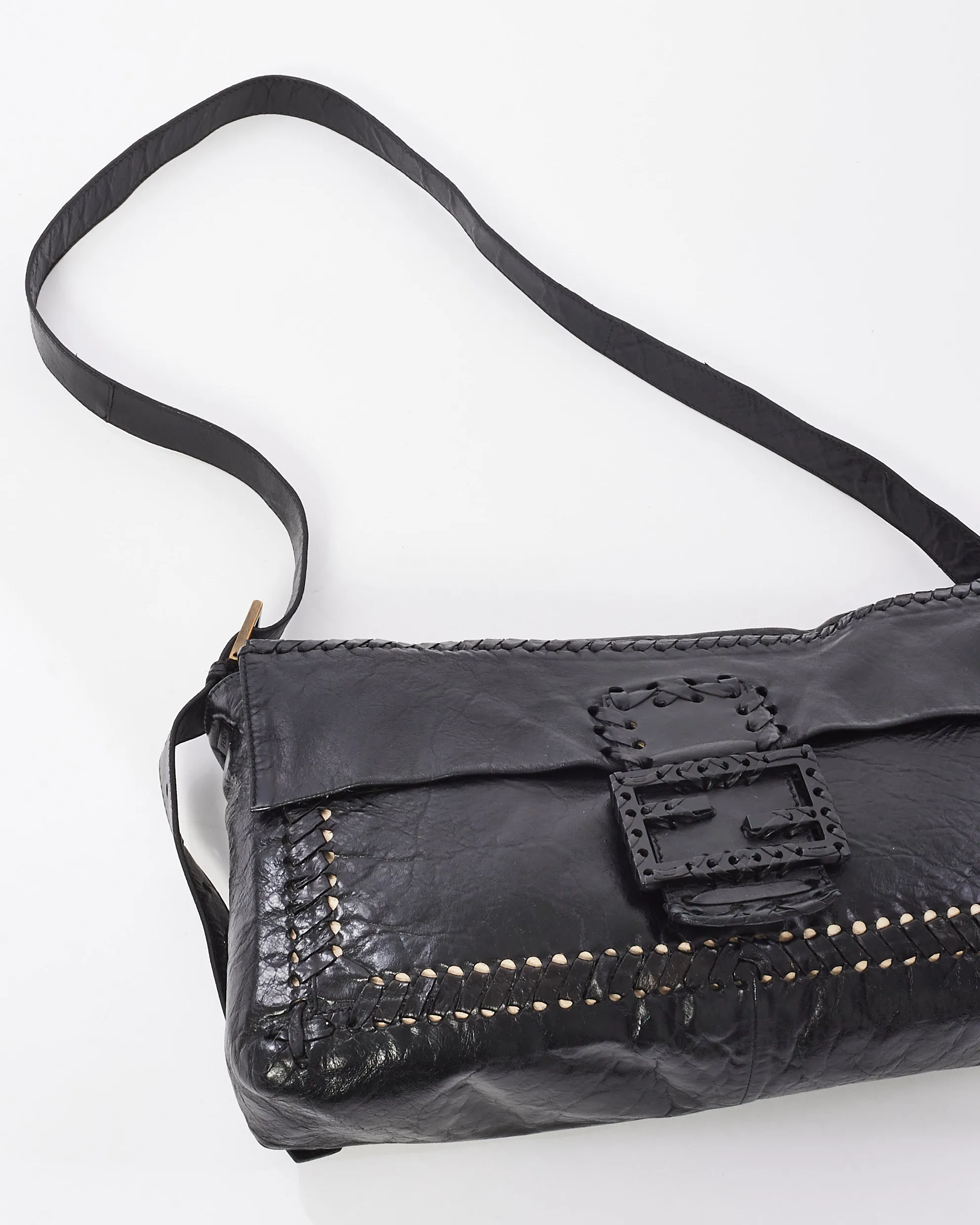 Fendi Vintage Black Leather Whipstitch Large Baguette Crossbody Bag