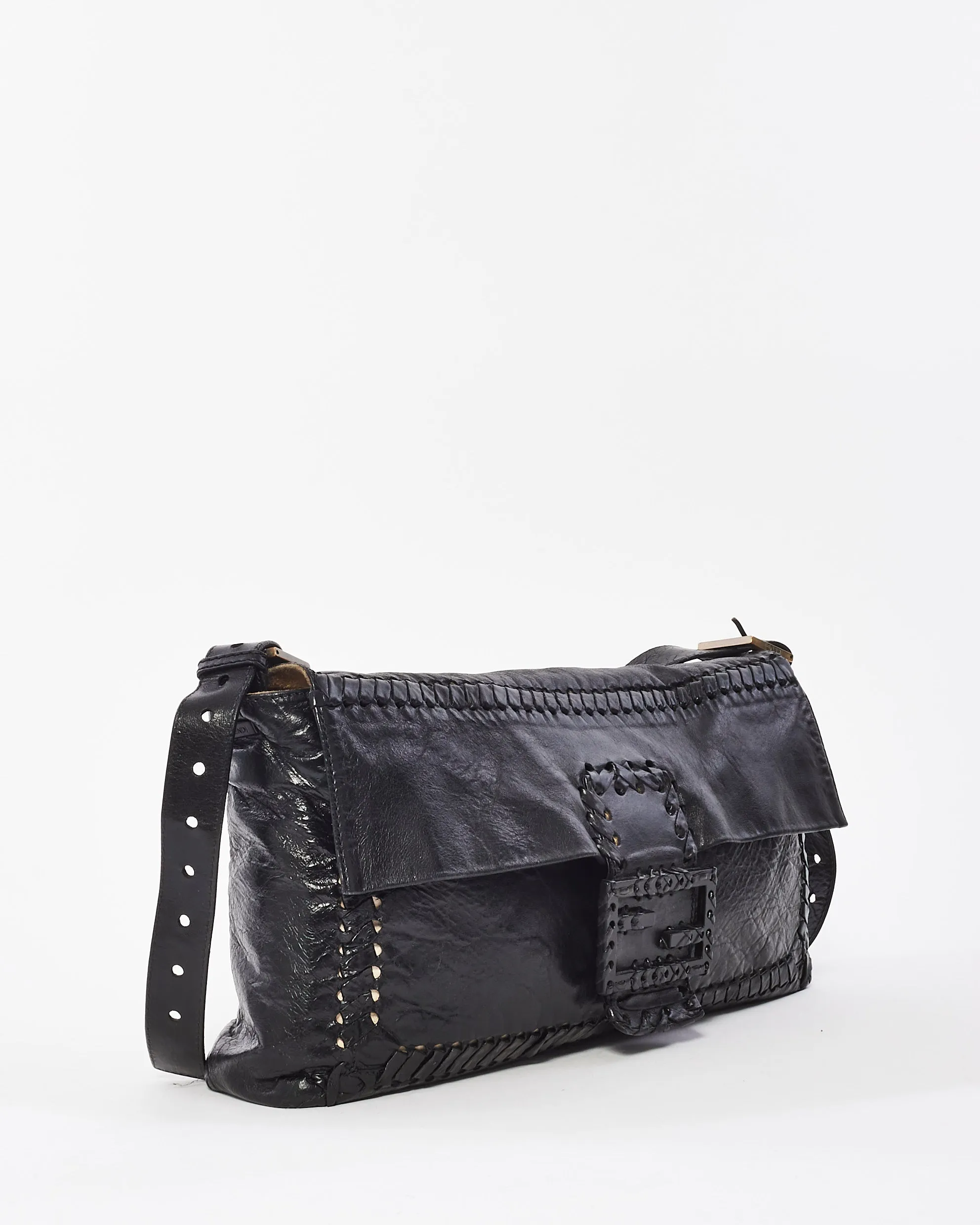Fendi Vintage Black Leather Whipstitch Large Baguette Crossbody Bag