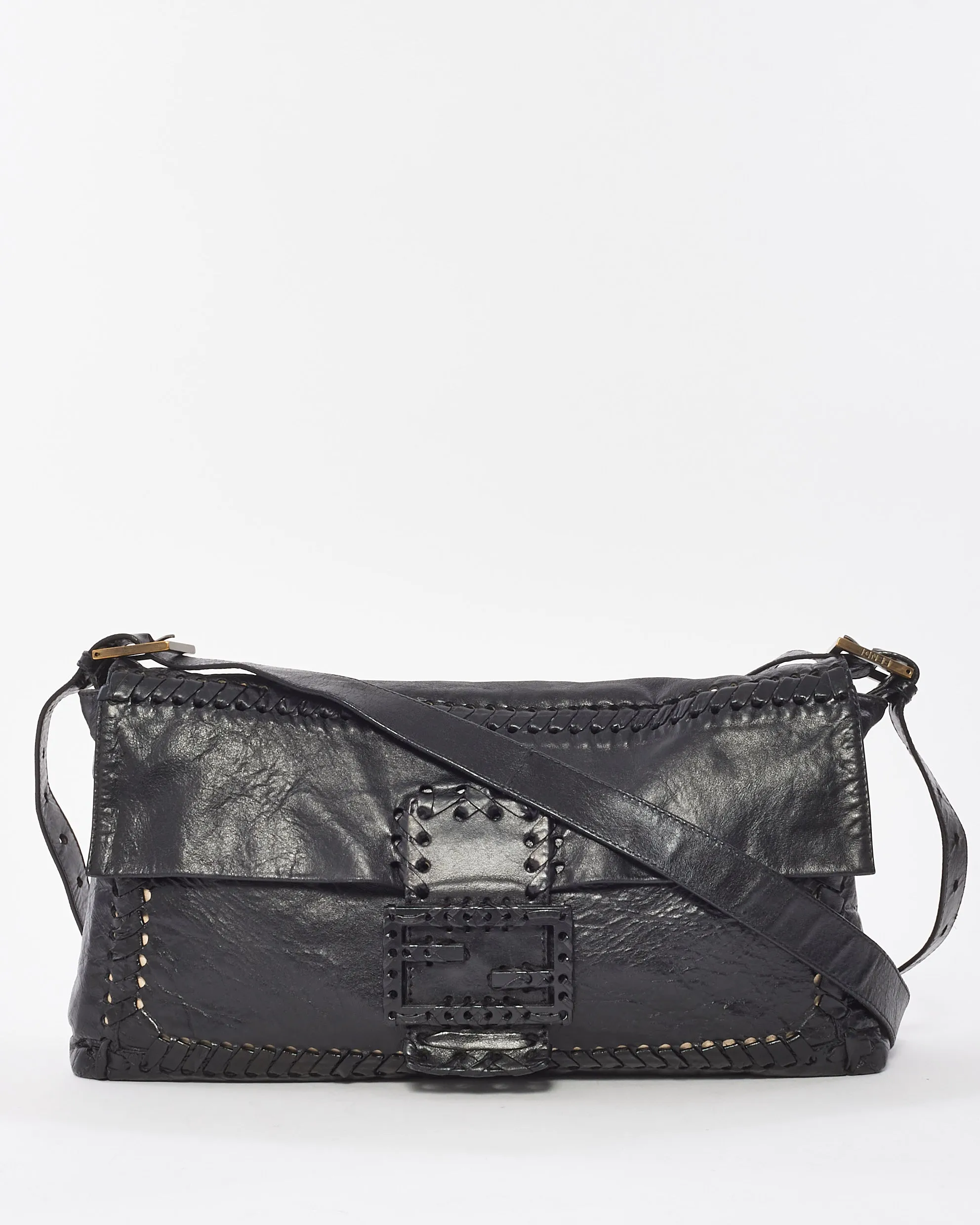 Fendi Vintage Black Leather Whipstitch Large Baguette Crossbody Bag