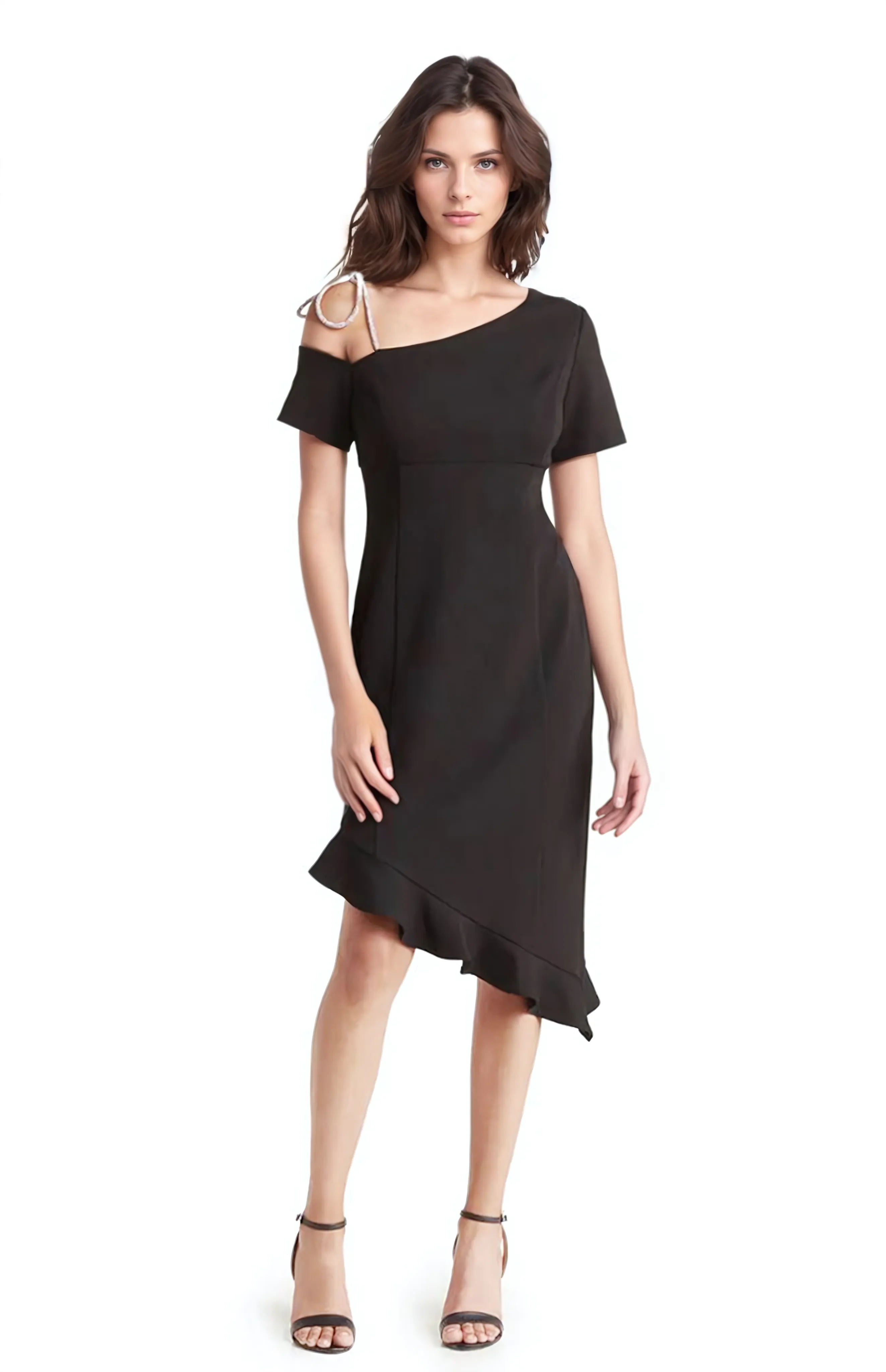 FOCUS by Shani — Crystal Bow Asymmetric Ruffle Hem Dress
