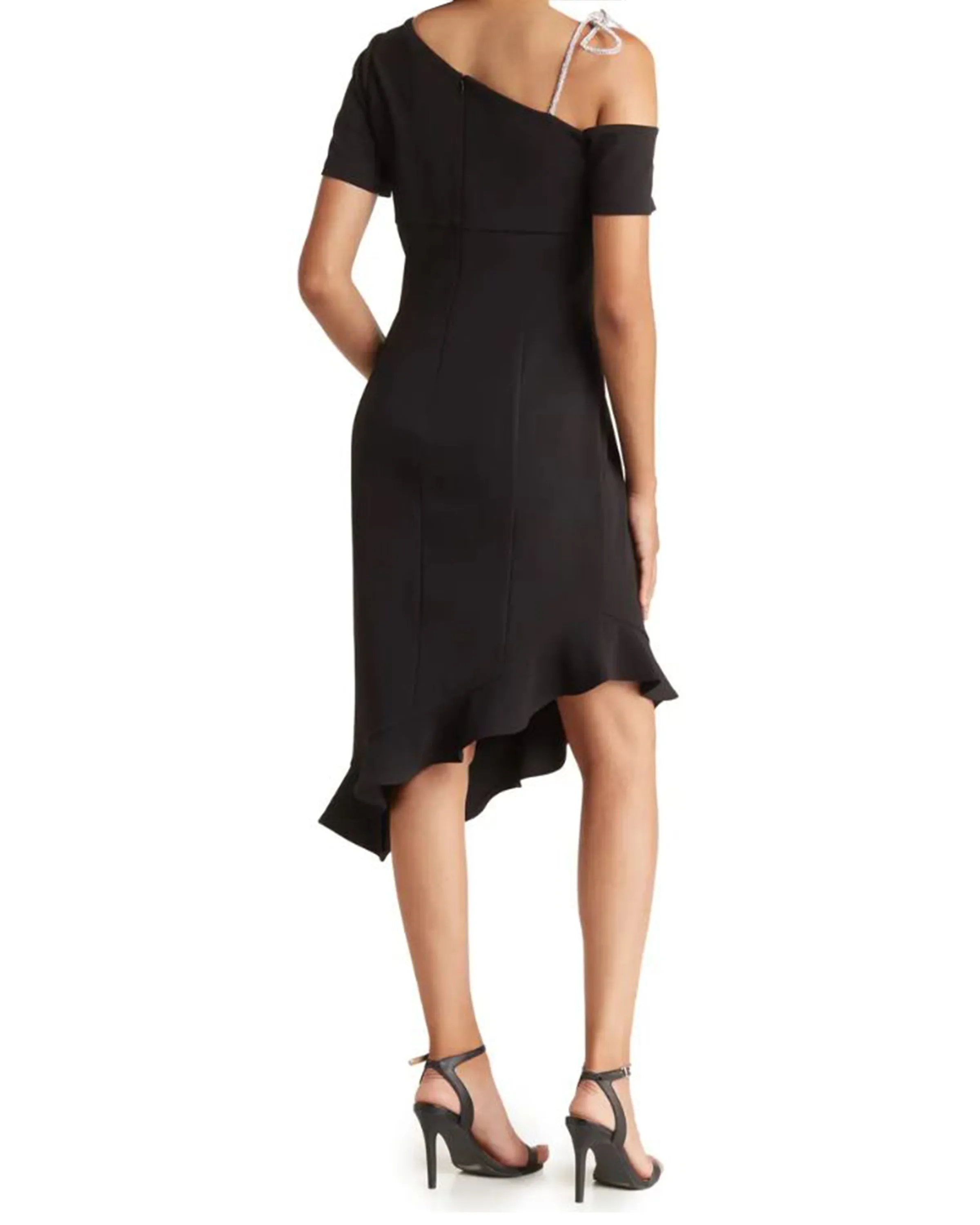 FOCUS by Shani — Crystal Bow Asymmetric Ruffle Hem Dress