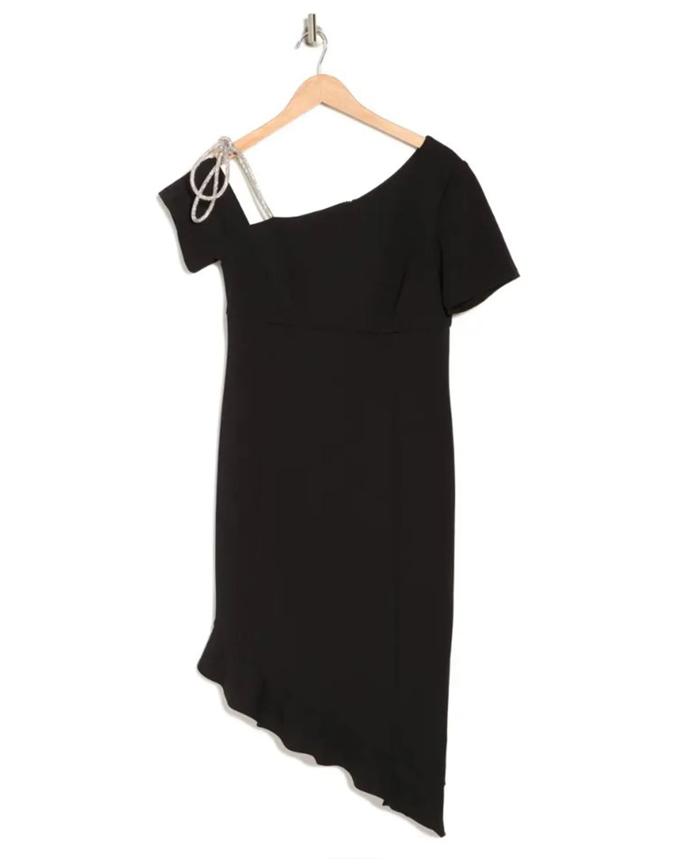FOCUS by Shani — Crystal Bow Asymmetric Ruffle Hem Dress