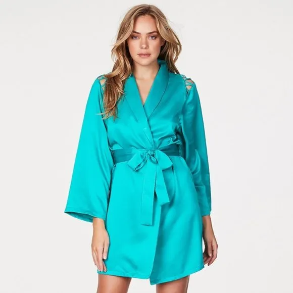 Frederick's Summer Lattice Lacing Satin Robe Sz S