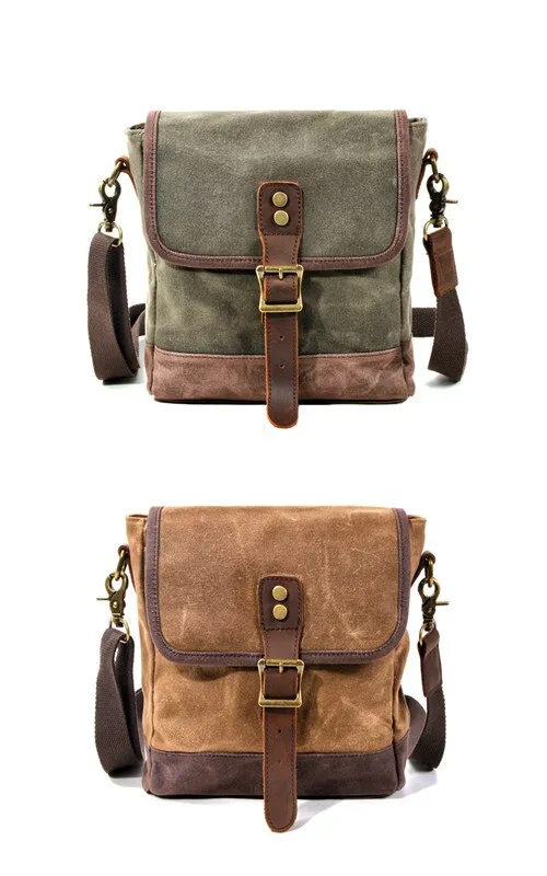 Frontier Waxed Canvas Messenger Bag Handbag - Brown/Gray/Olive Green