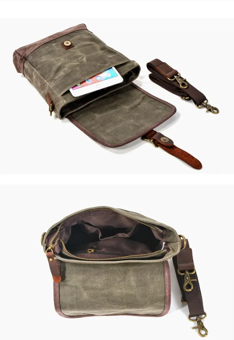Frontier Waxed Canvas Messenger Bag Handbag - Brown/Gray/Olive Green