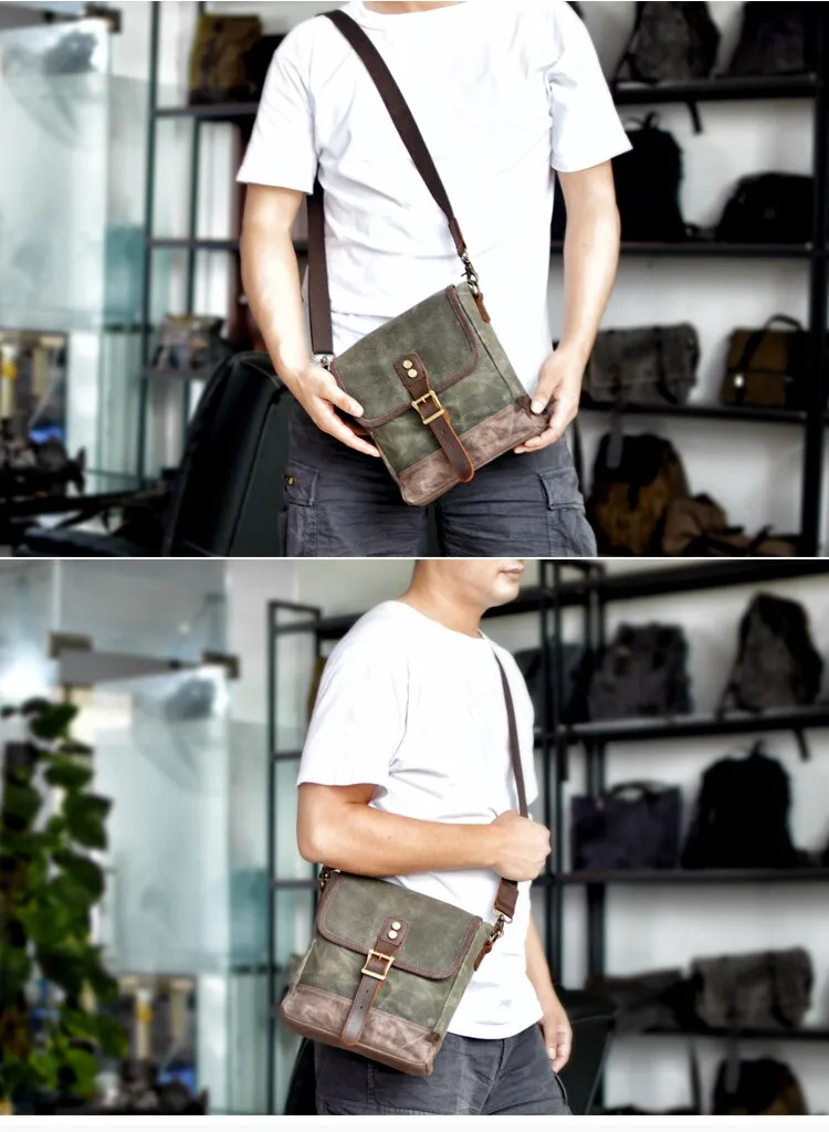 Frontier Waxed Canvas Messenger Bag Handbag - Brown/Gray/Olive Green
