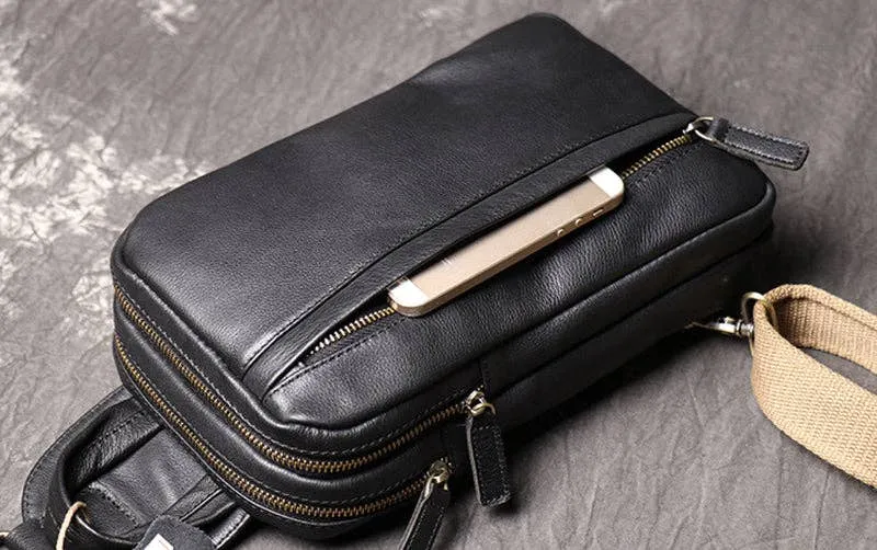 Full Grain Leather Chest Pack Bag - Black