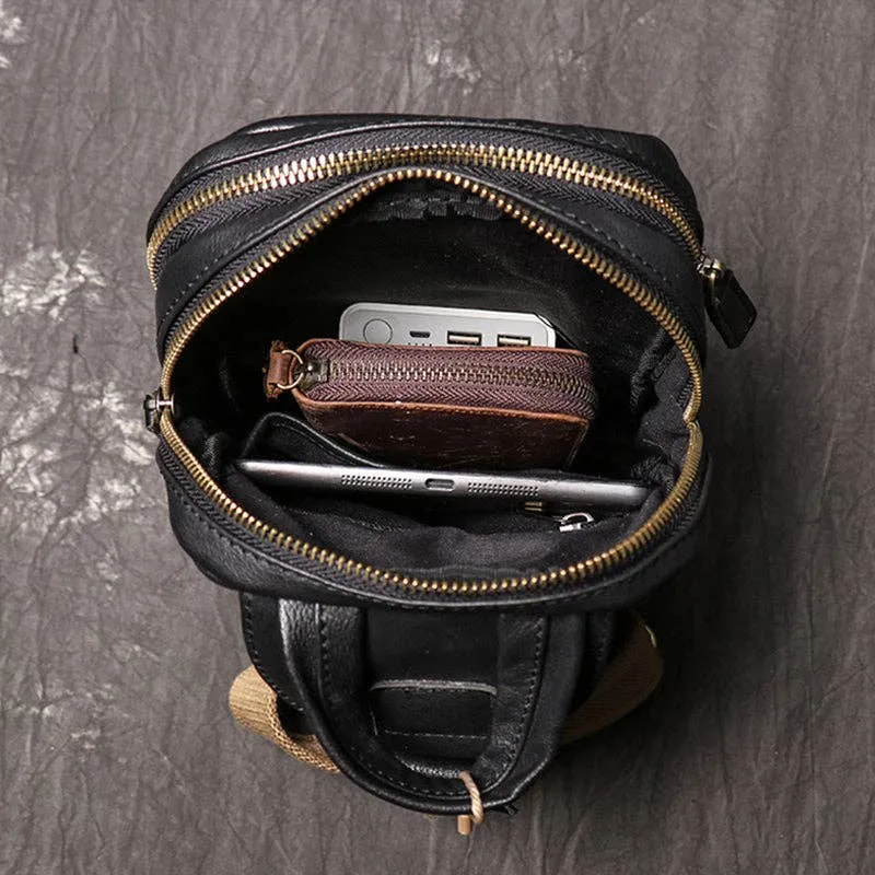 Full Grain Leather Chest Pack Bag - Black