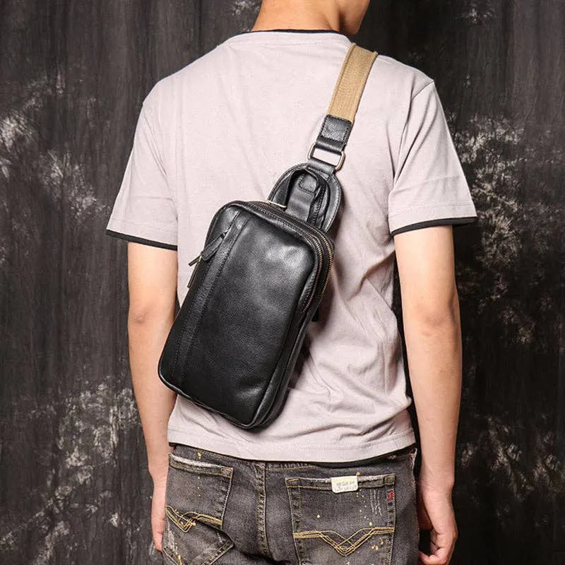 Full Grain Leather Chest Pack Bag - Black