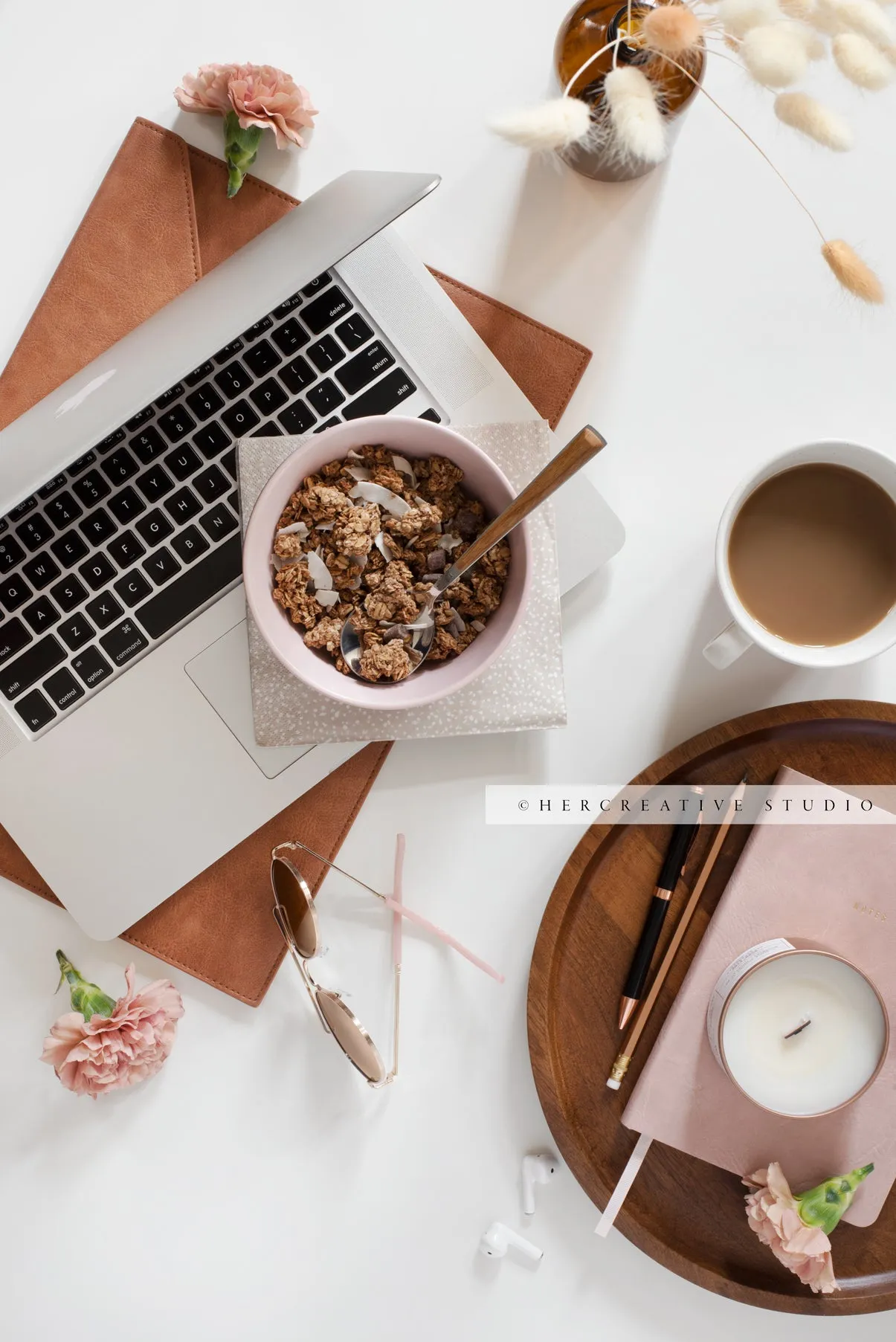 Granola, Laptop & Coffee Workspace. Digital Image.