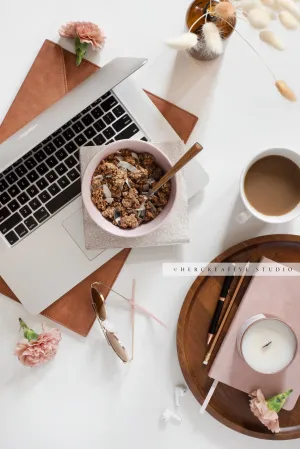 Granola, Laptop & Coffee Workspace. Digital Image.