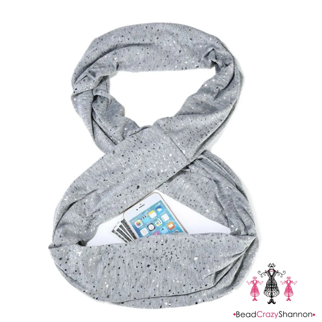 Grey Sequin Hidden Pocket Infinity Scarf