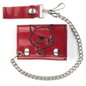 GT304-KIR  Glitter Tri-Fold Wallet w/ Chain- Embroidered Kitty (Red)
