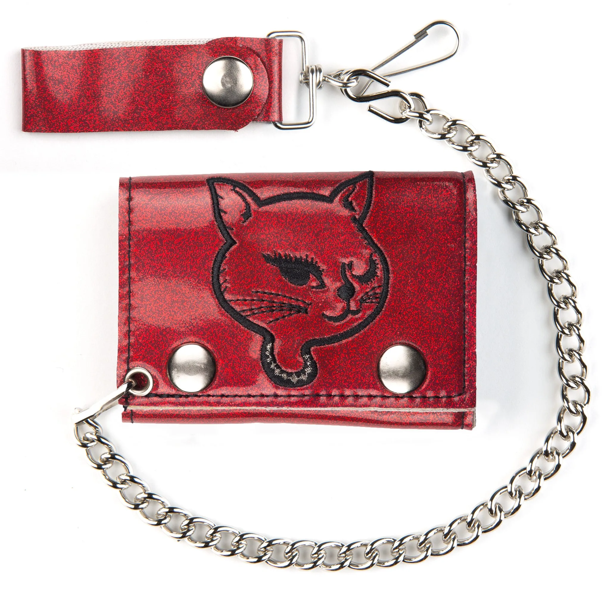 GT304-KIR  Glitter Tri-Fold Wallet w/ Chain- Embroidered Kitty (Red)