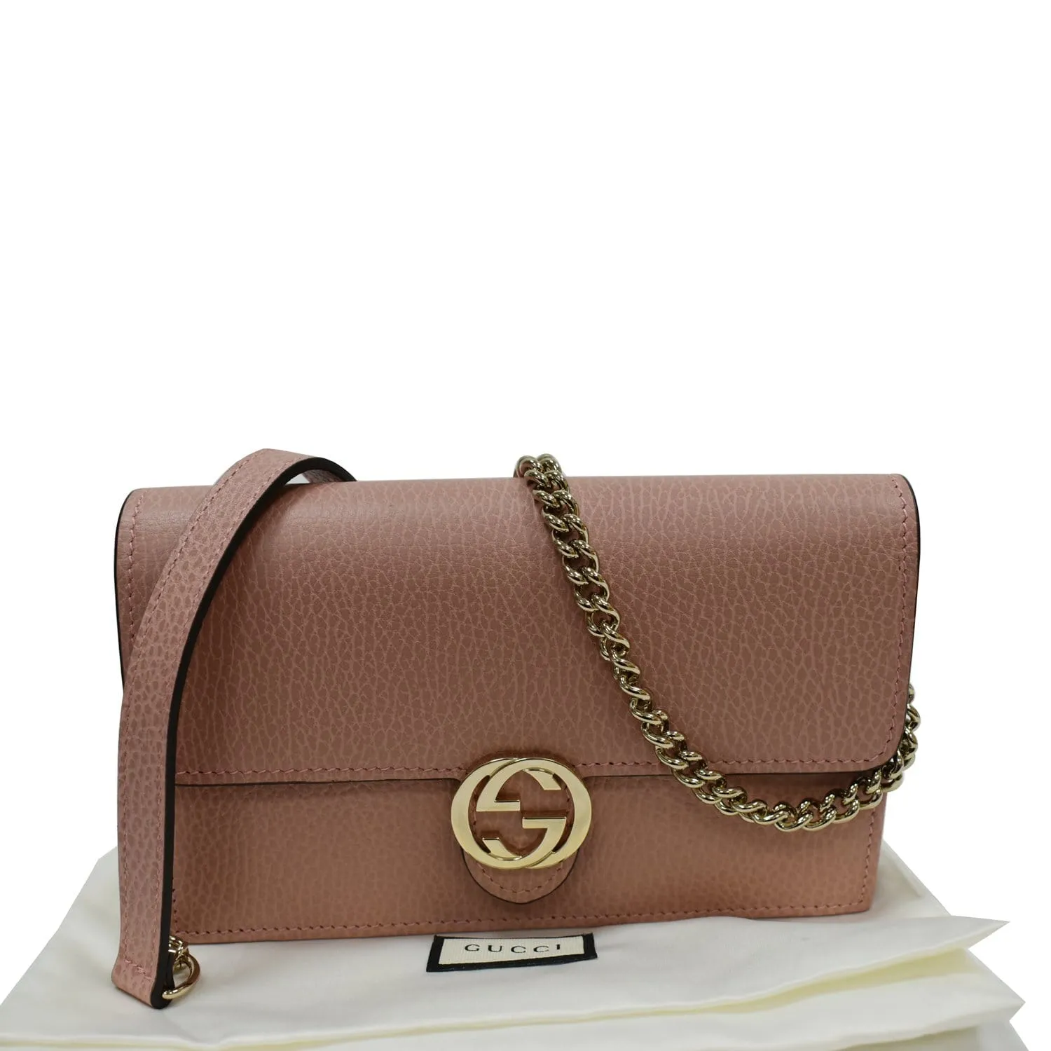 GUCCI Dollar Interlocking G Leather Chain Wallet Soft Pink 510314
