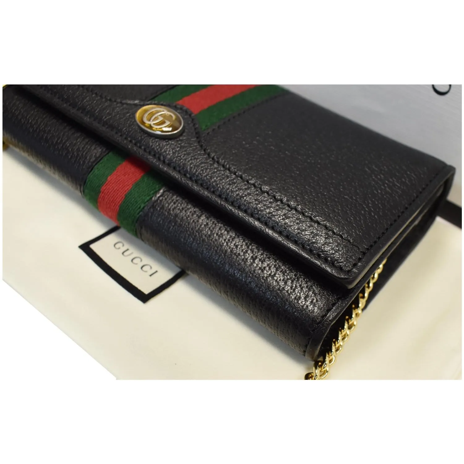 GUCCI Ophidia GG Web Leather Wallet On Chain Bag Black 546592