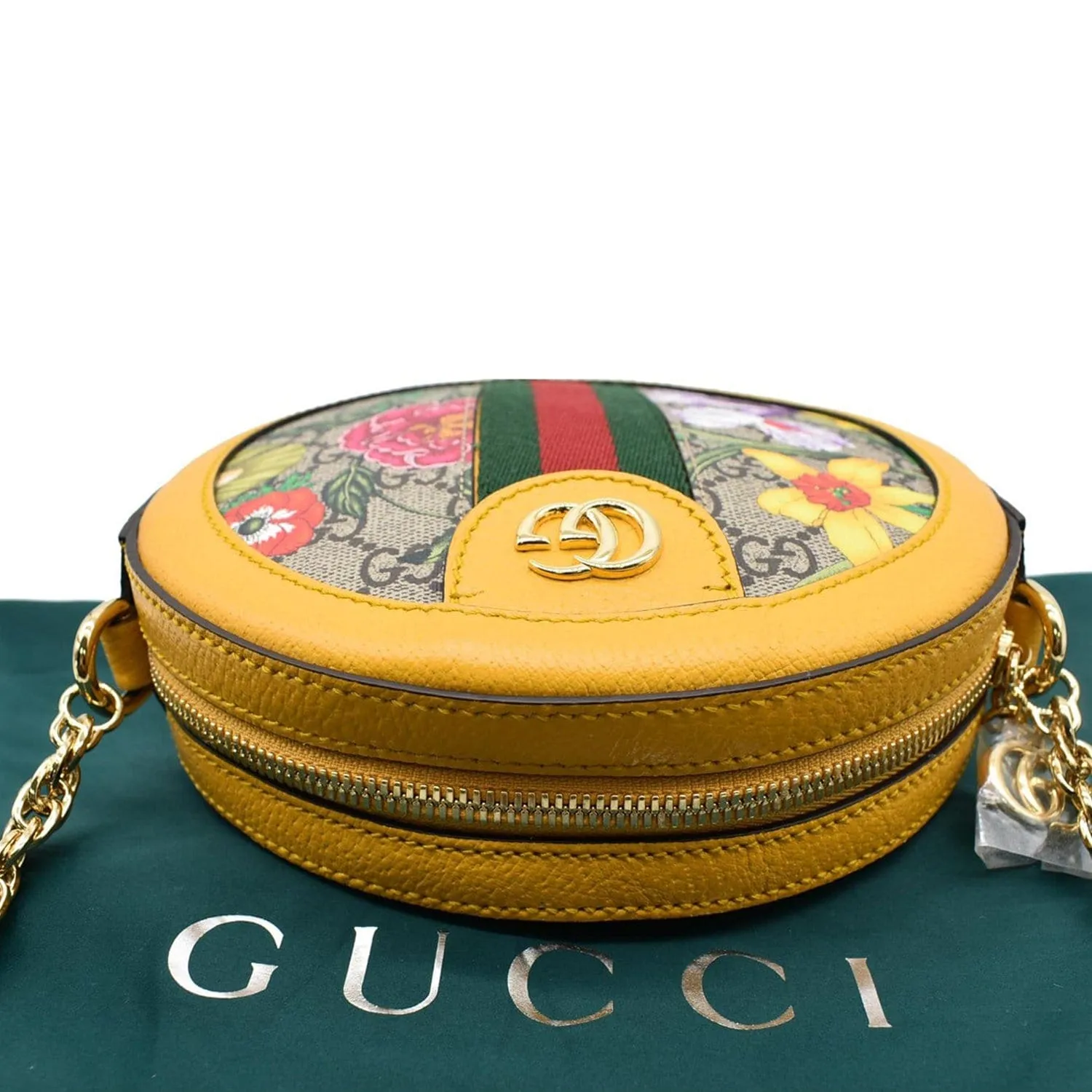 GUCCI Ophidia Mini Flora GG Round Supreme Monogram Web Crossbody Bag Yellow 550618