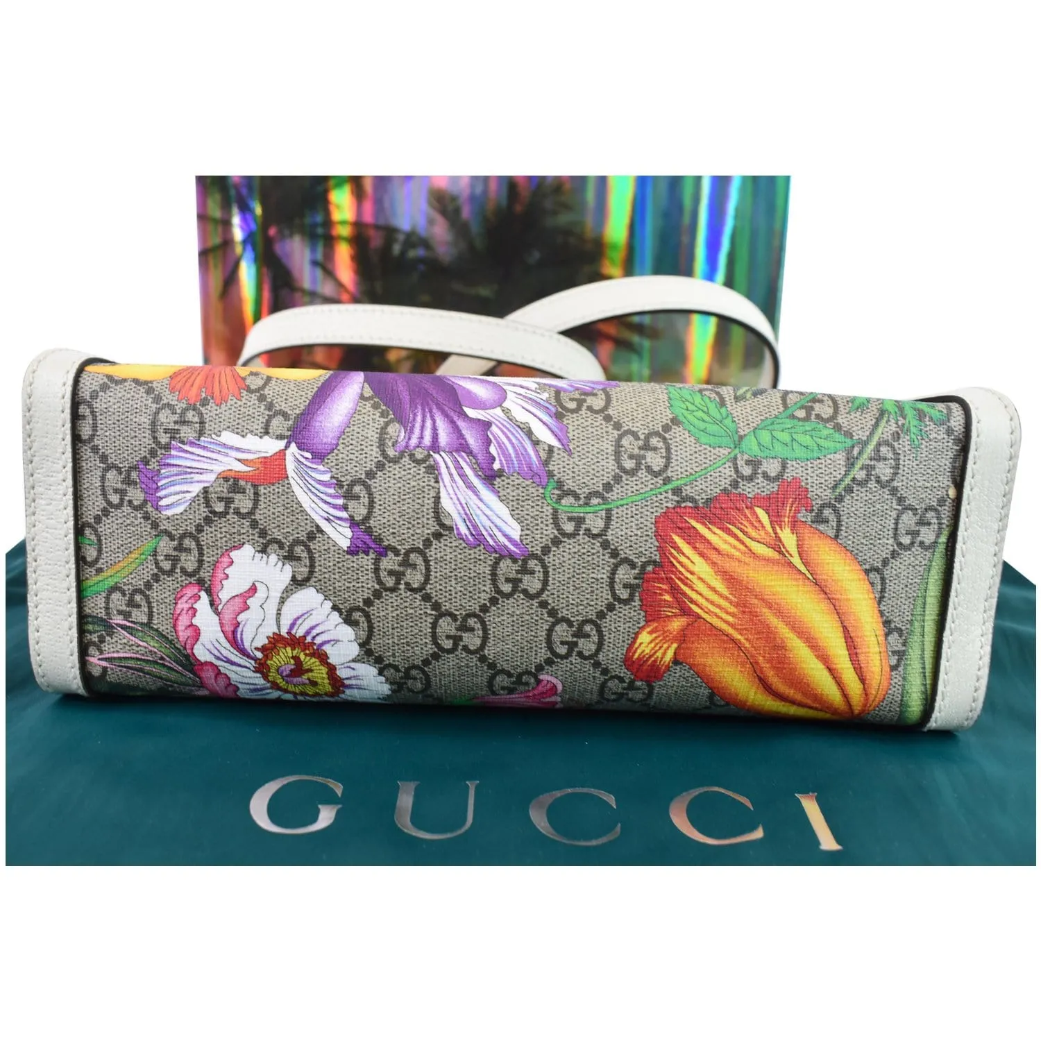 GUCCI Padlock Flora Small GG Supreme Canvas Shoulder Bag Beige 498156