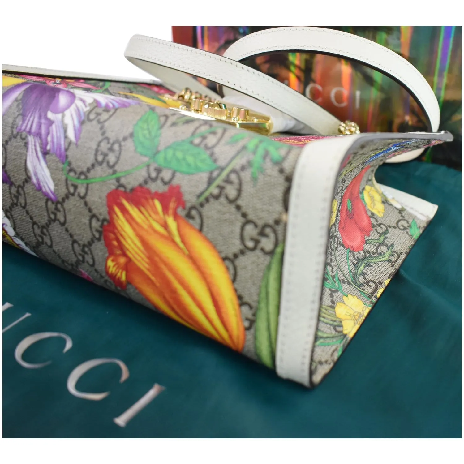 GUCCI Padlock Flora Small GG Supreme Canvas Shoulder Bag Beige 498156