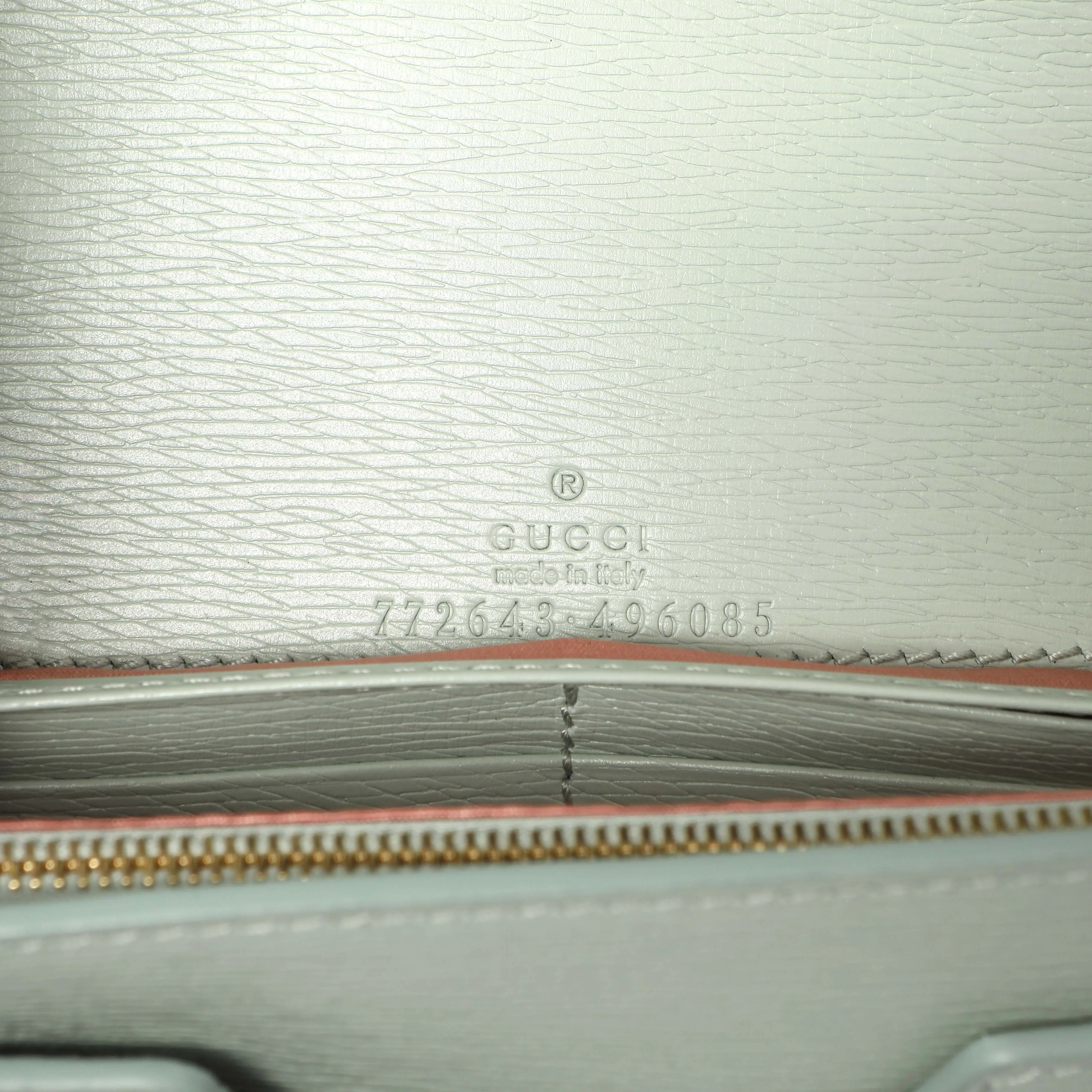 Gucci Pale Green Textured Calfskin Script Logo Chain Wallet