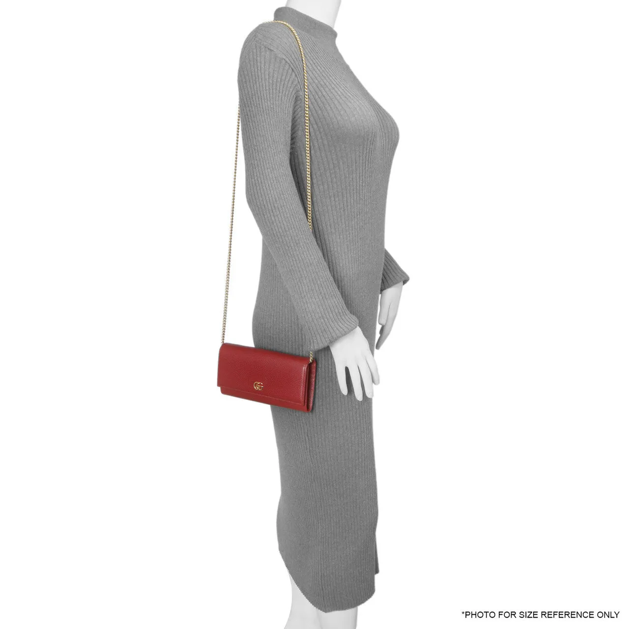 Gucci Red Dollar Calfskin Petite GG Marmont Chain Wallet