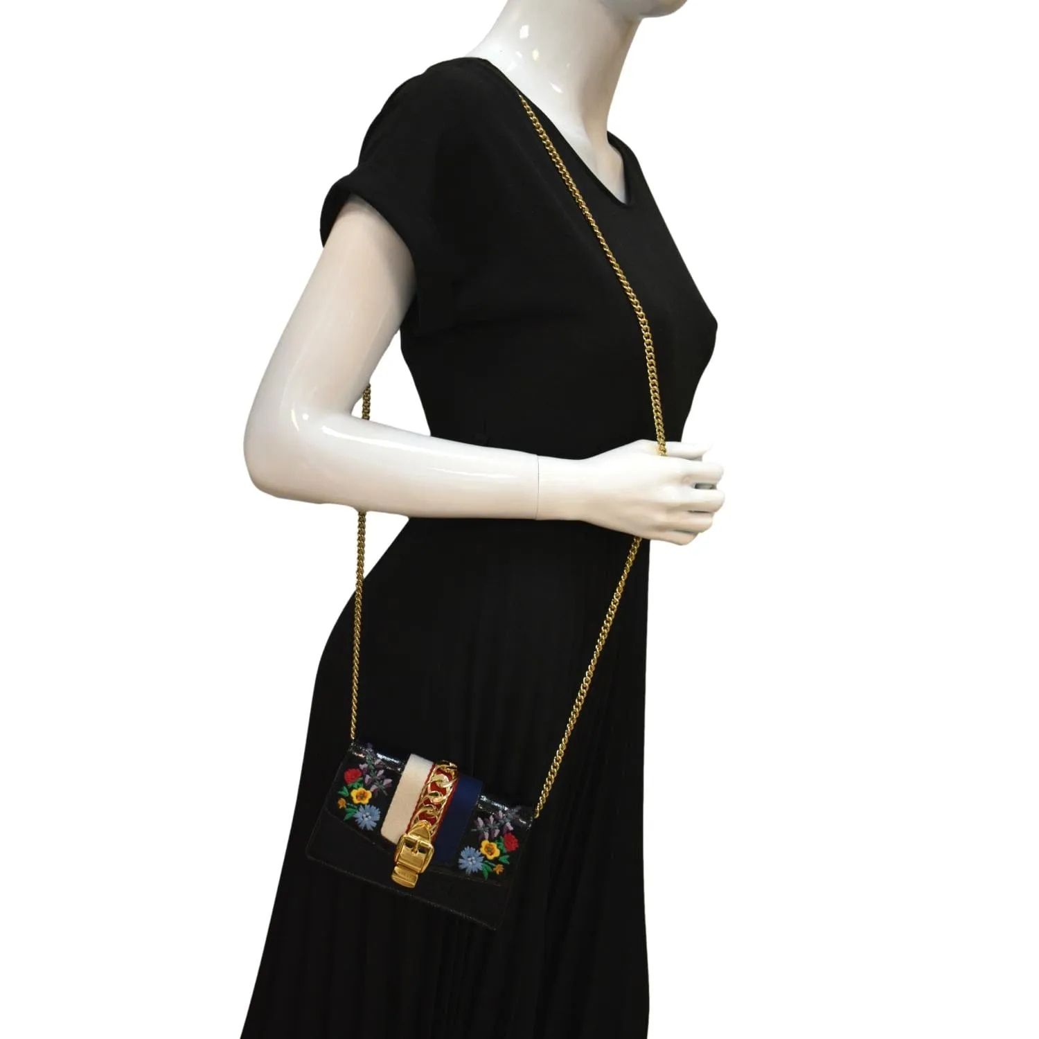 GUCCI Super Mini Sylvie Embroidered Leather Crossbody Chain Wallet Black 494646