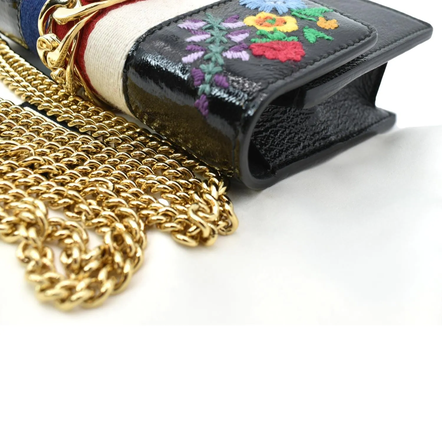 GUCCI Super Mini Sylvie Embroidered Leather Crossbody Chain Wallet Black 494646