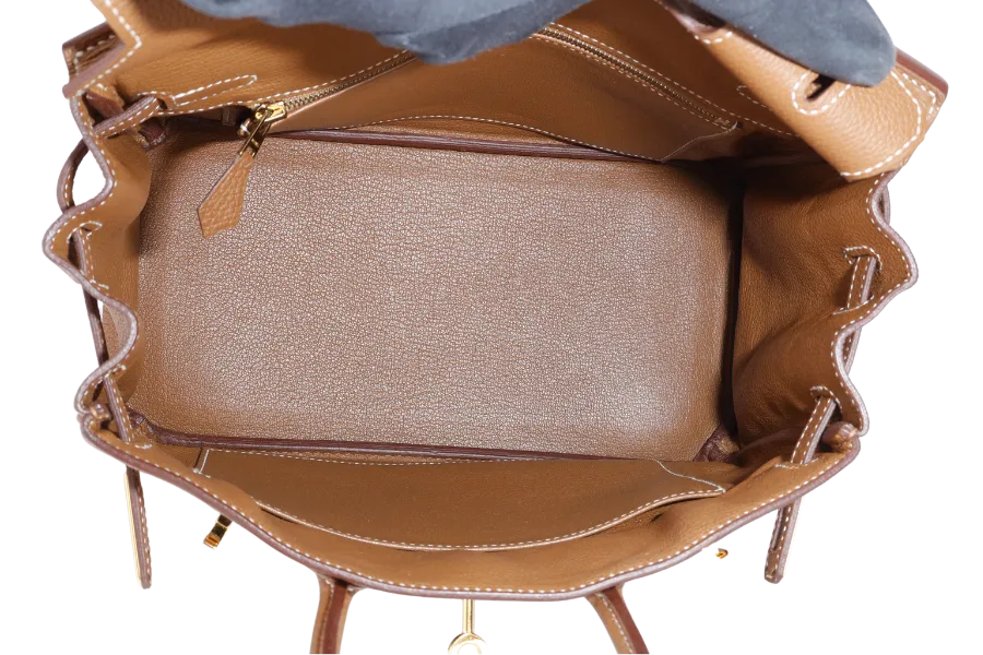 HERMES BIRKIN 25 GOLD TOGO GOLD HARDWARE STAMP X (2016} WITH LOCK & KEYS, RAINCOAT AND DUST COVER