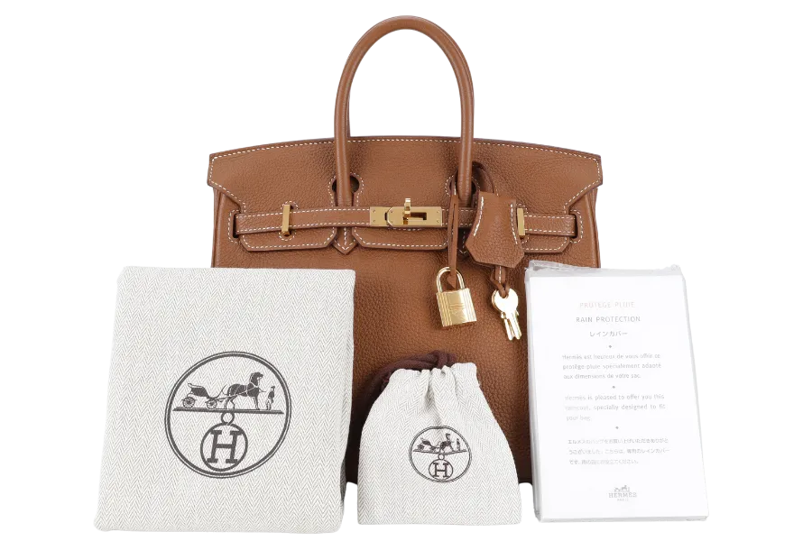 HERMES BIRKIN 25 GOLD TOGO GOLD HARDWARE STAMP X (2016} WITH LOCK & KEYS, RAINCOAT AND DUST COVER