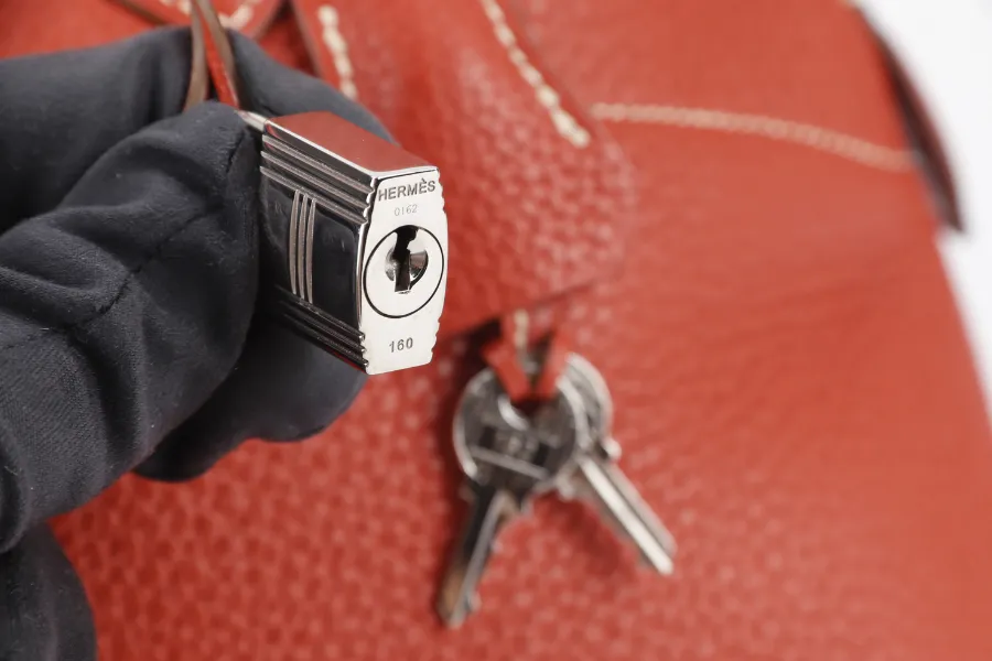 HERMES BOLIDE 35 SANGUINE CLEMENCE SILVER HARDWARE STAMP P SQUARE (YEAR 2012) WITH STRAPS, KEYS, LOCK AND DUST COVER
