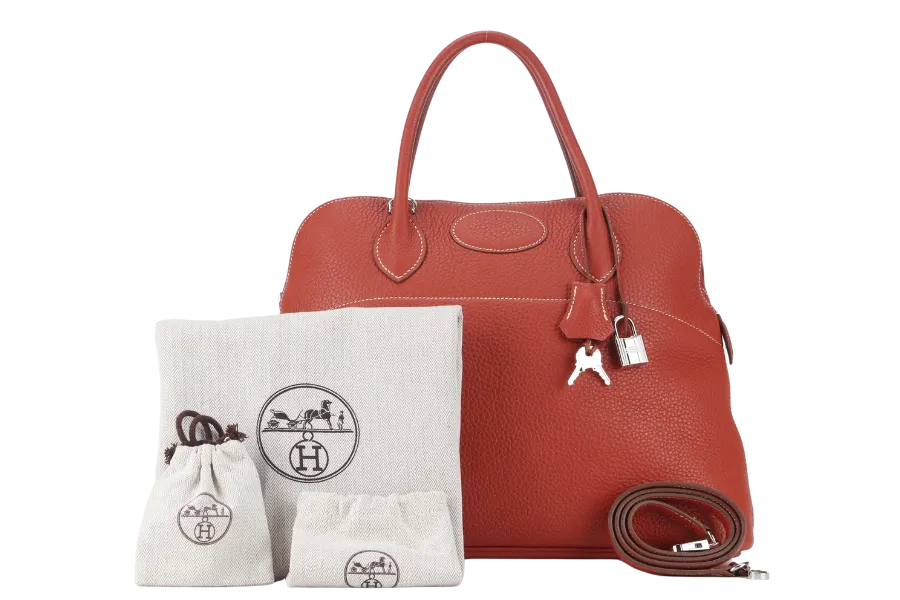 HERMES BOLIDE 35 SANGUINE CLEMENCE SILVER HARDWARE STAMP P SQUARE (YEAR 2012) WITH STRAPS, KEYS, LOCK AND DUST COVER