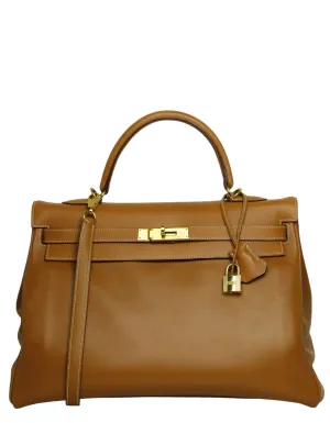 Hermes Tan Box Leather 35cm Kelly Bag GHW