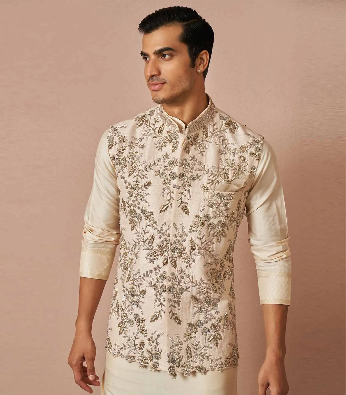 IVORY RASWILK EMBROIDERED BANDI KURTA SET