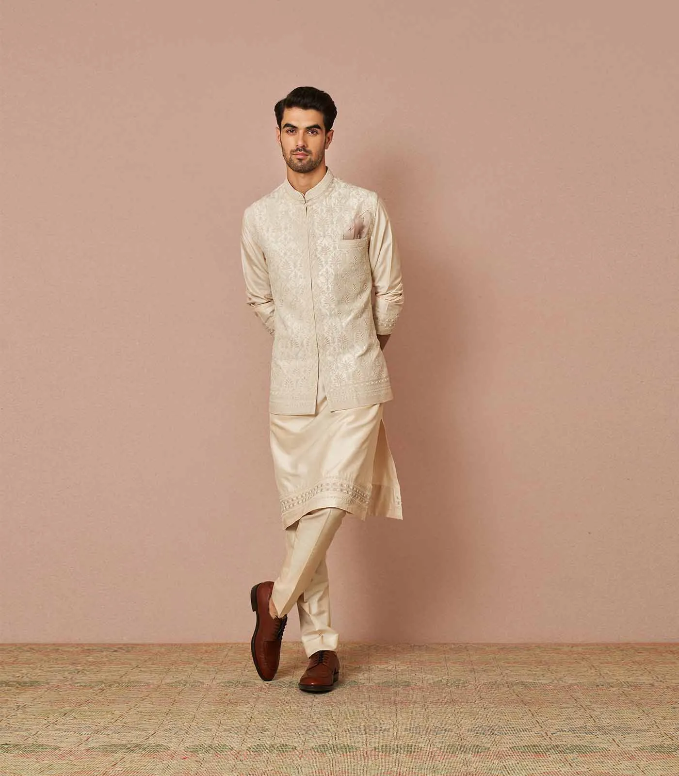IVORY RAWSILK ARMAAN EMBROIDERED BANDI SET
