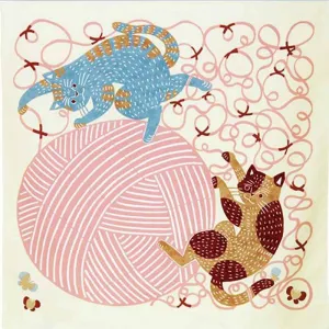 Kata Kata - Water repellent finish - Neko to Keito (Cat) Yellow アクアドロップ ネコと毛糸 イエロー (撥水加工)　- Furoshiki   70 x 70 cm