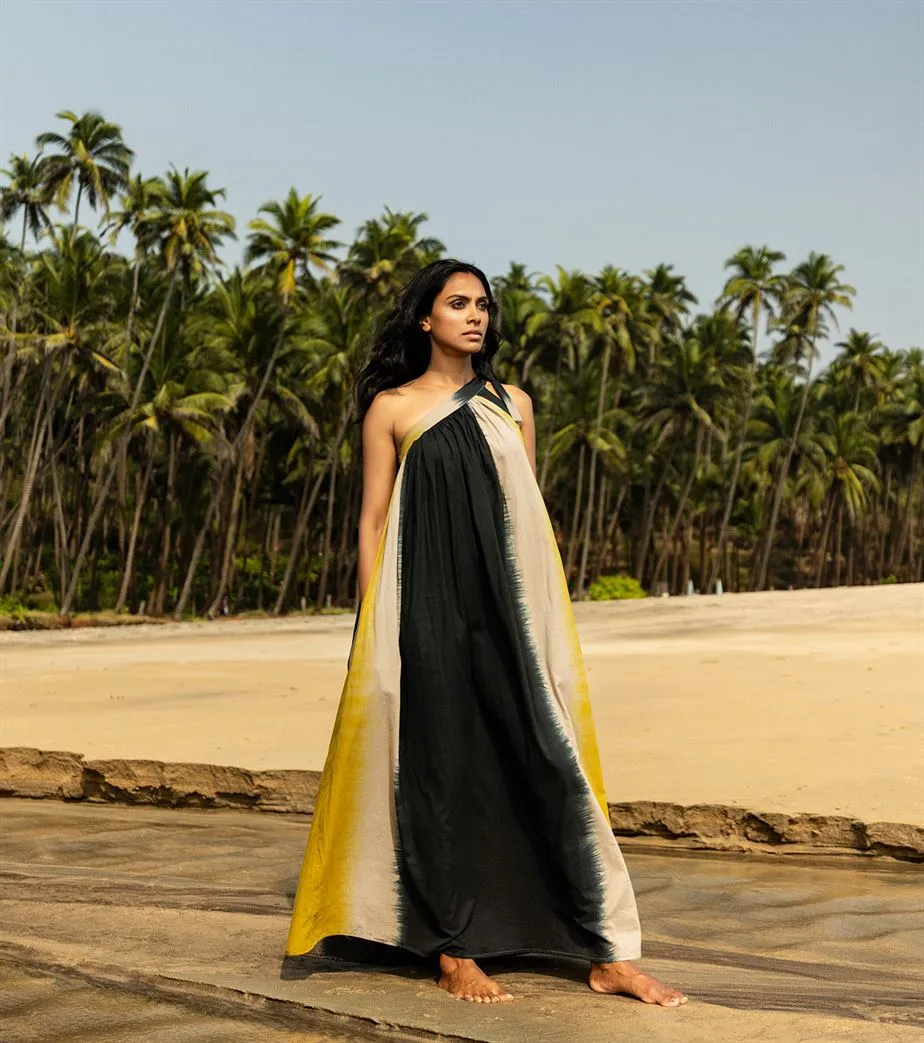 Khara Kapas I  Oh carol I Cotton Mulmul Buff amber Dress Black and yellow KK--27