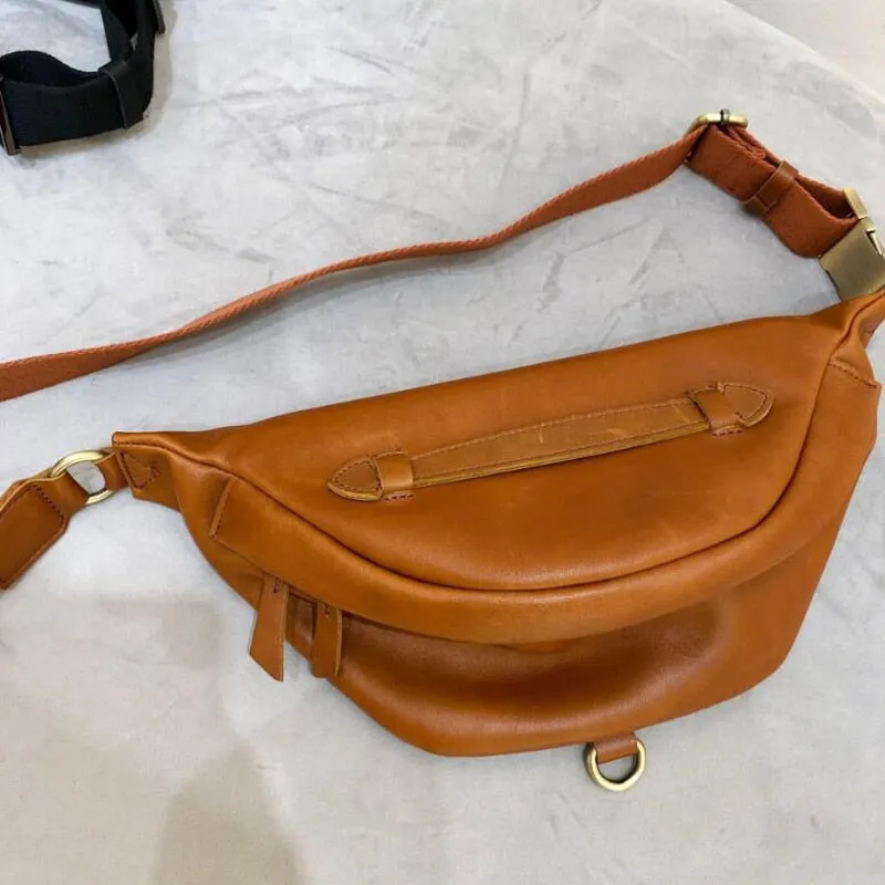 Leather Chest Bag Fanny Pack Bag Crossbody Bag Saddle Bag Black/Brown