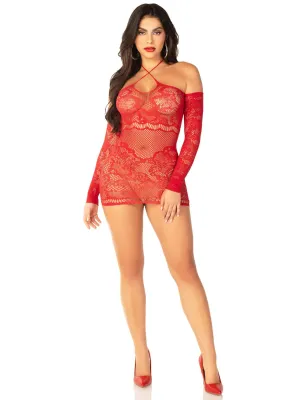 Leg Avenue Red Seamless Lace and Net Mini Dress - Dress With Twist Halter Strap - Os